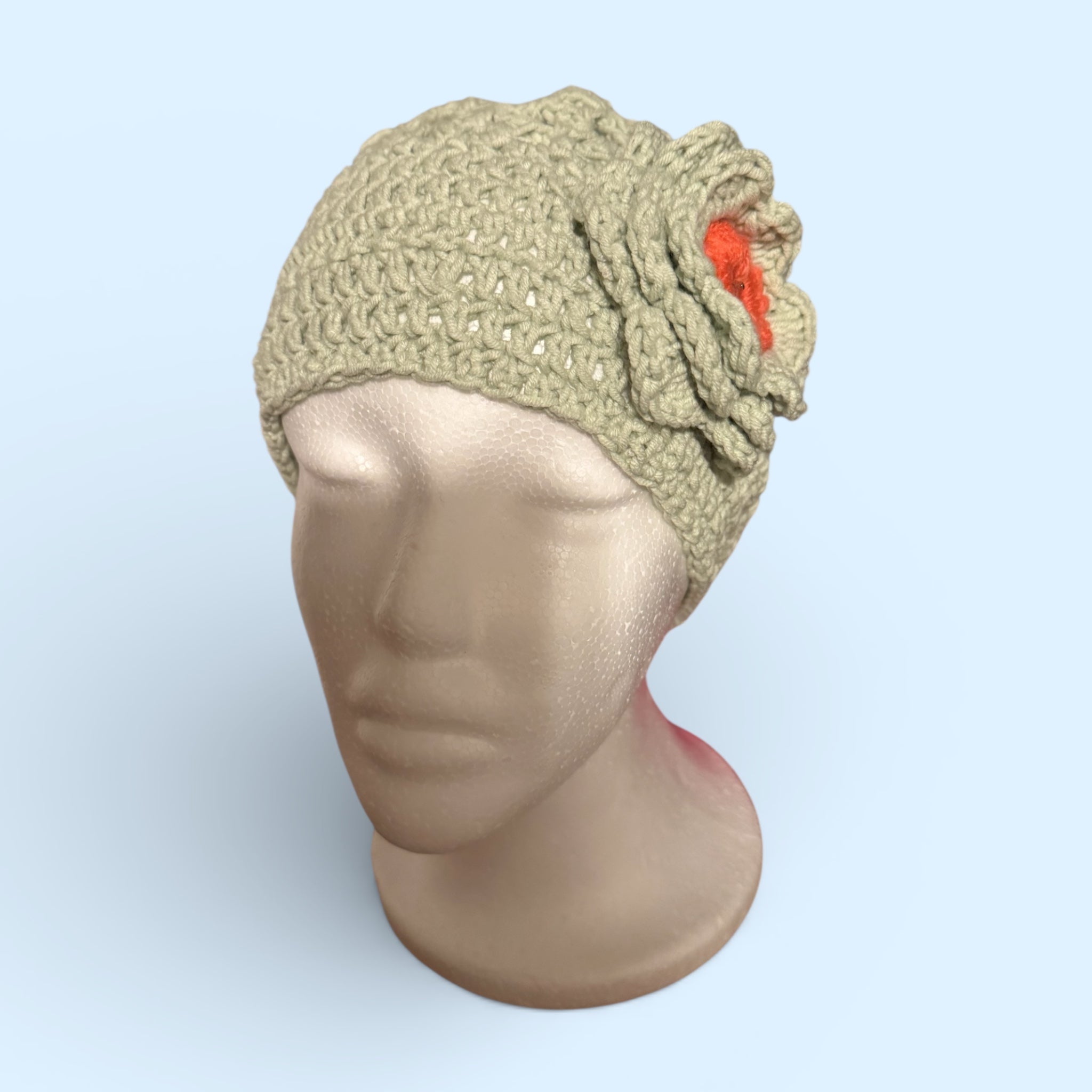 Crochet Floral Beanie with Lace Detail- light sage, size M