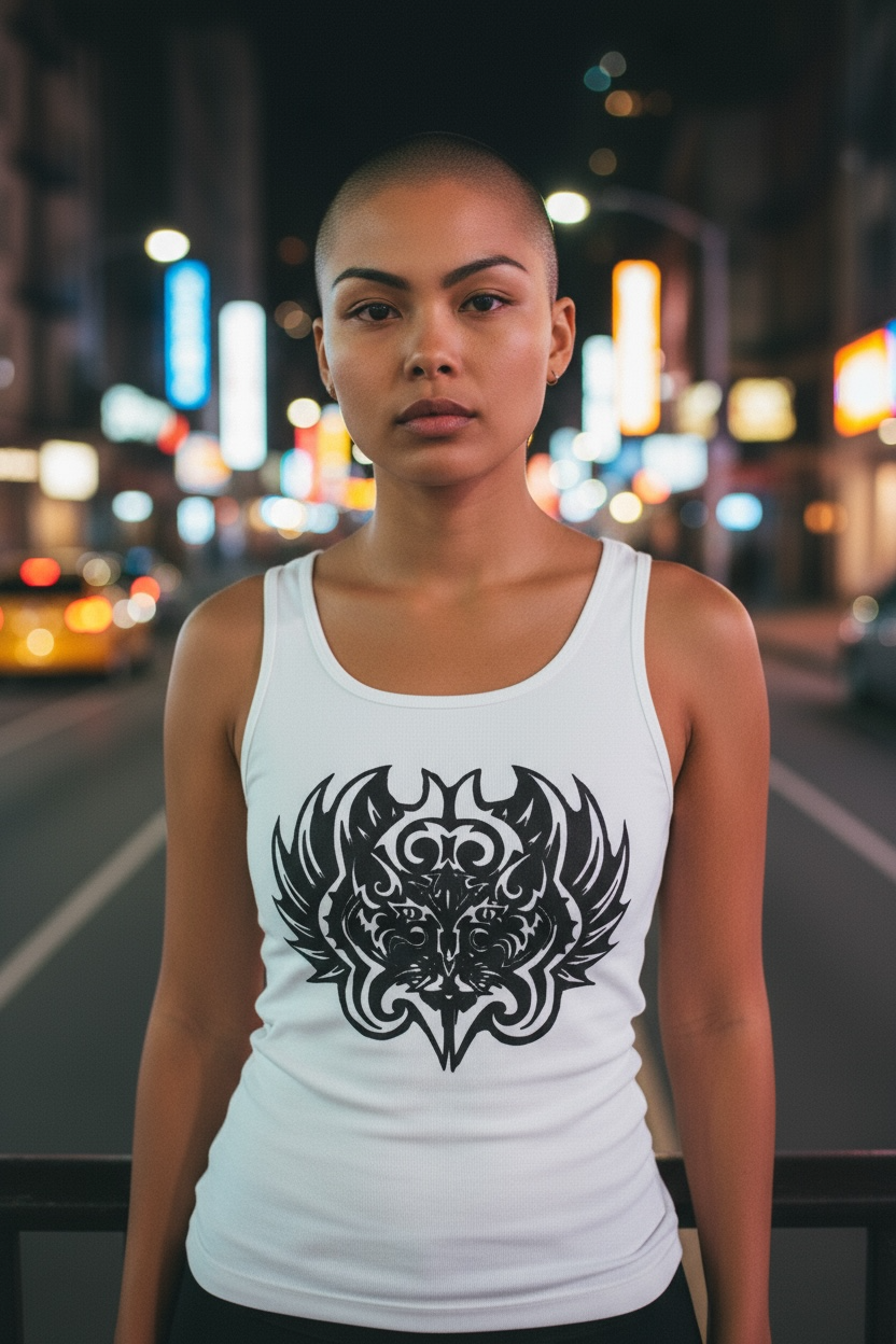 Woman wearing a white tank top with a black cat graphic design on a city street at night.
