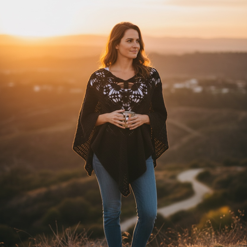 Woman wearing a delicate black  lace poncho