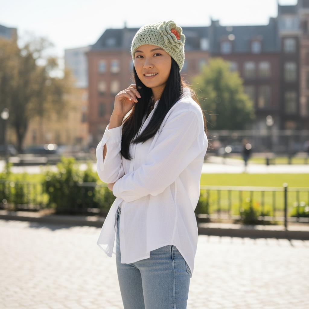 Woman wearing light sage colored floral beanie