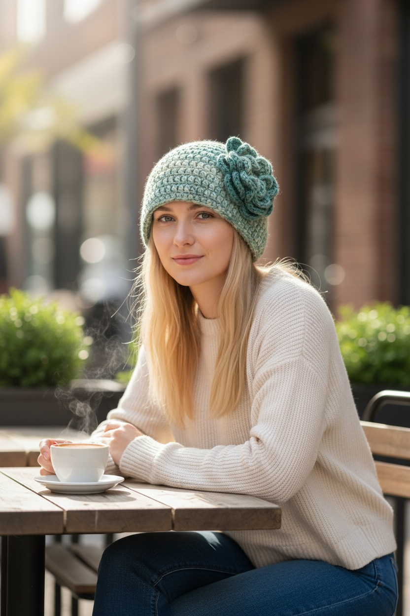 Woman sitting outdoors with a cup of coffee, wearing a green floral crocheted hat with a flower.