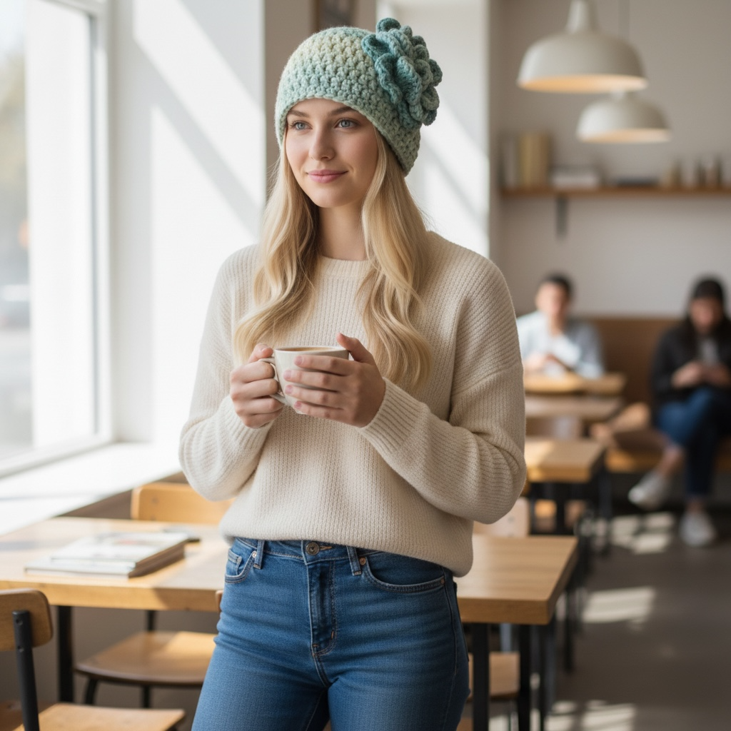 Woman wearing a crocheted floral beanie and holding a mug in a cafe.
