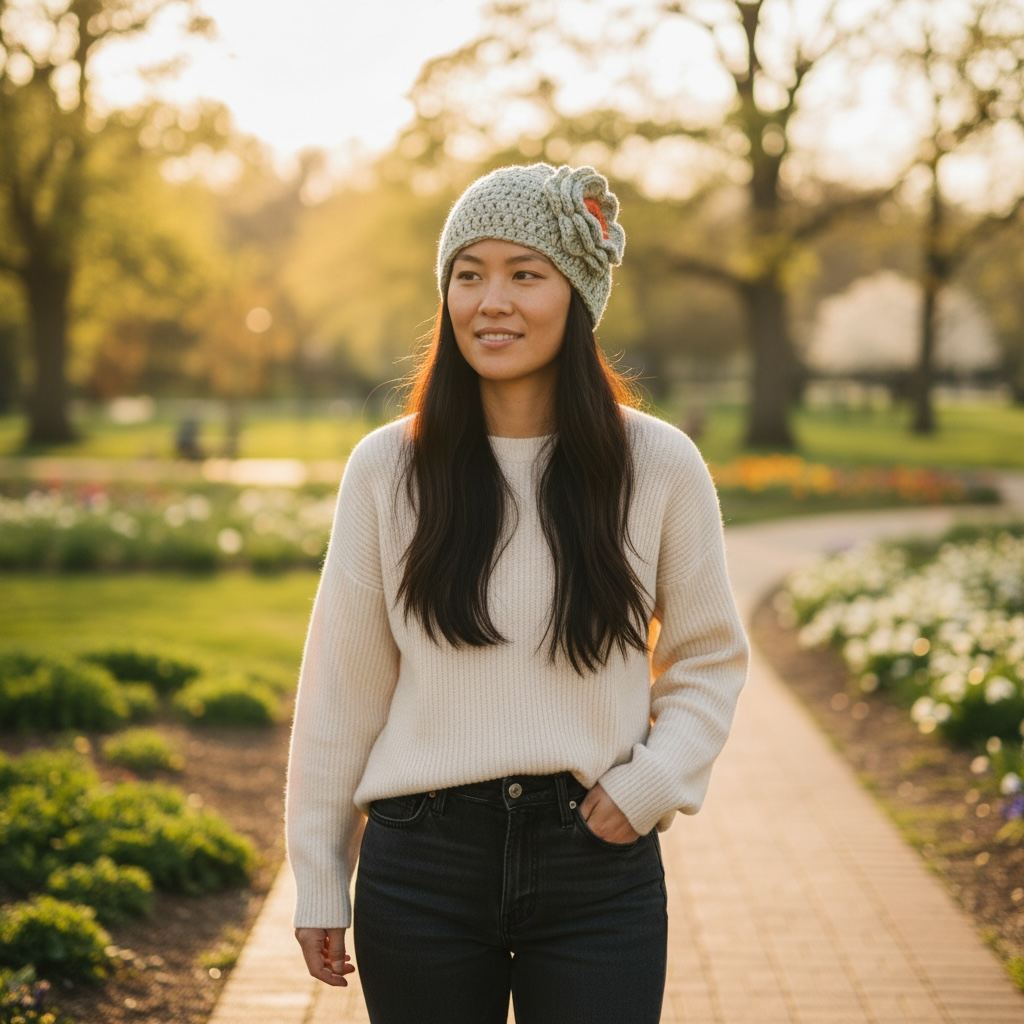 Woman wearing a floral crochet hat and white sweater standing in a park with trees and flowers in the background. 