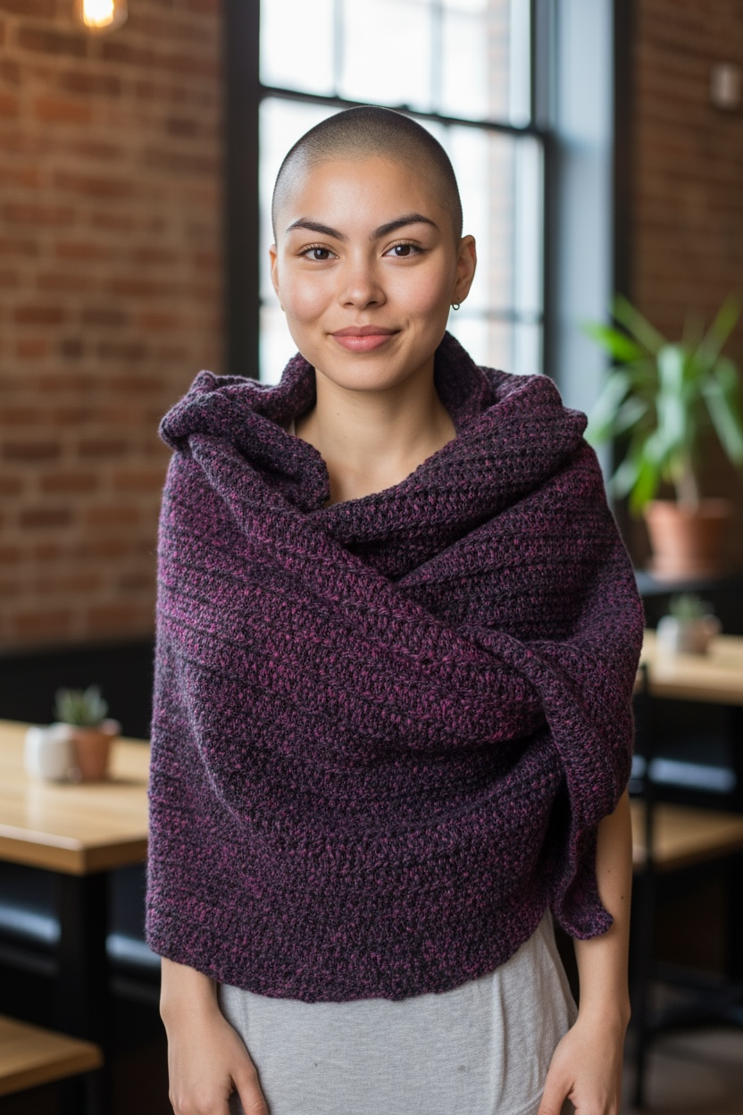 Woman wearing a oversized fuchsia and black crocheted shawl in an indoor setting.