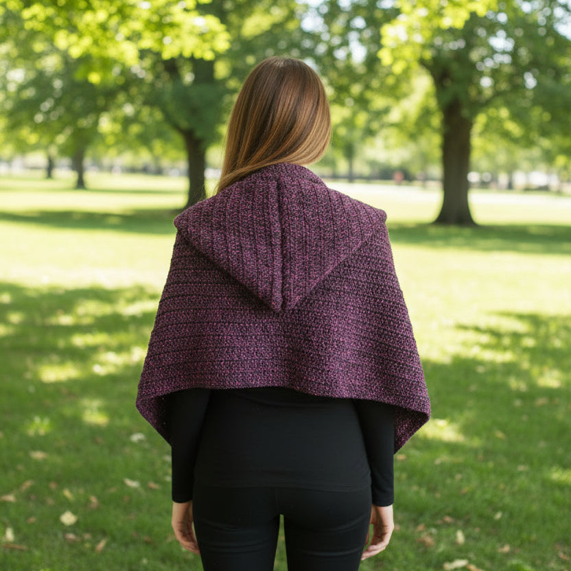 Person wearing a crocheted fuchsia and black hooded wrap in a park