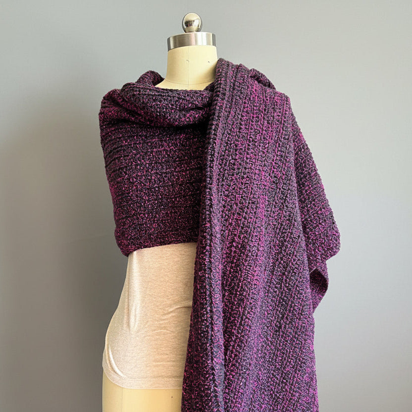 Fuchsia and Black Crocheted Hooded Wrap Front