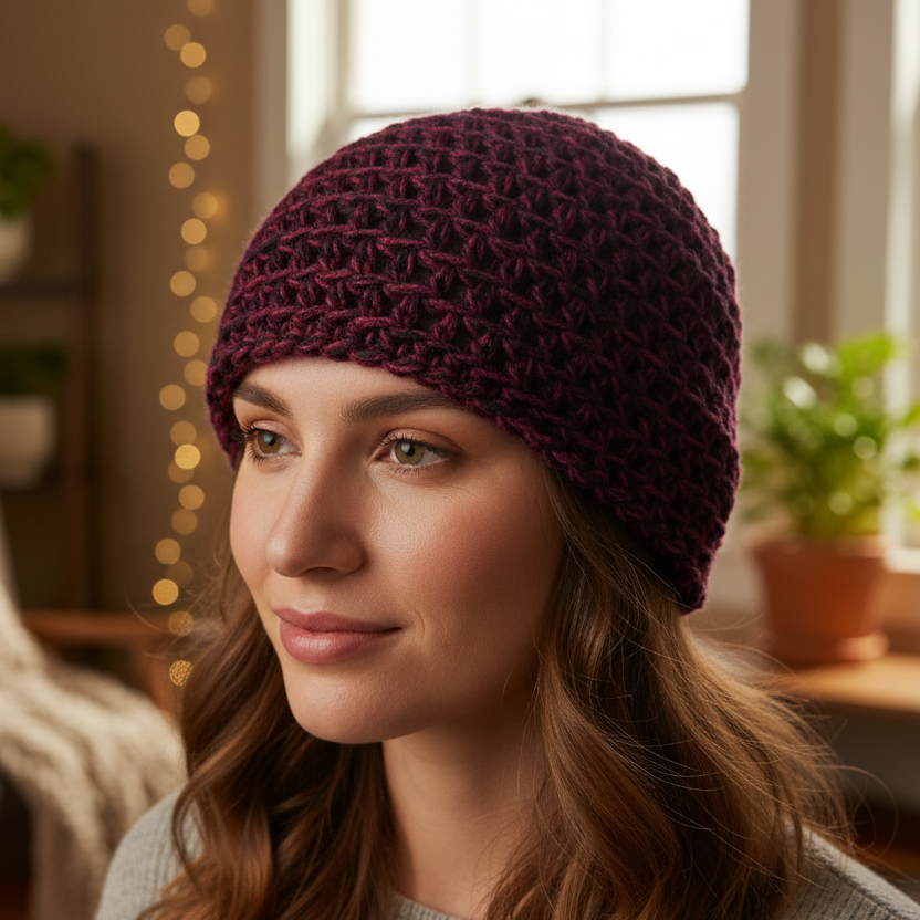Woman wearing a fuchsia and black crocheted beanie indoors with soft lighting