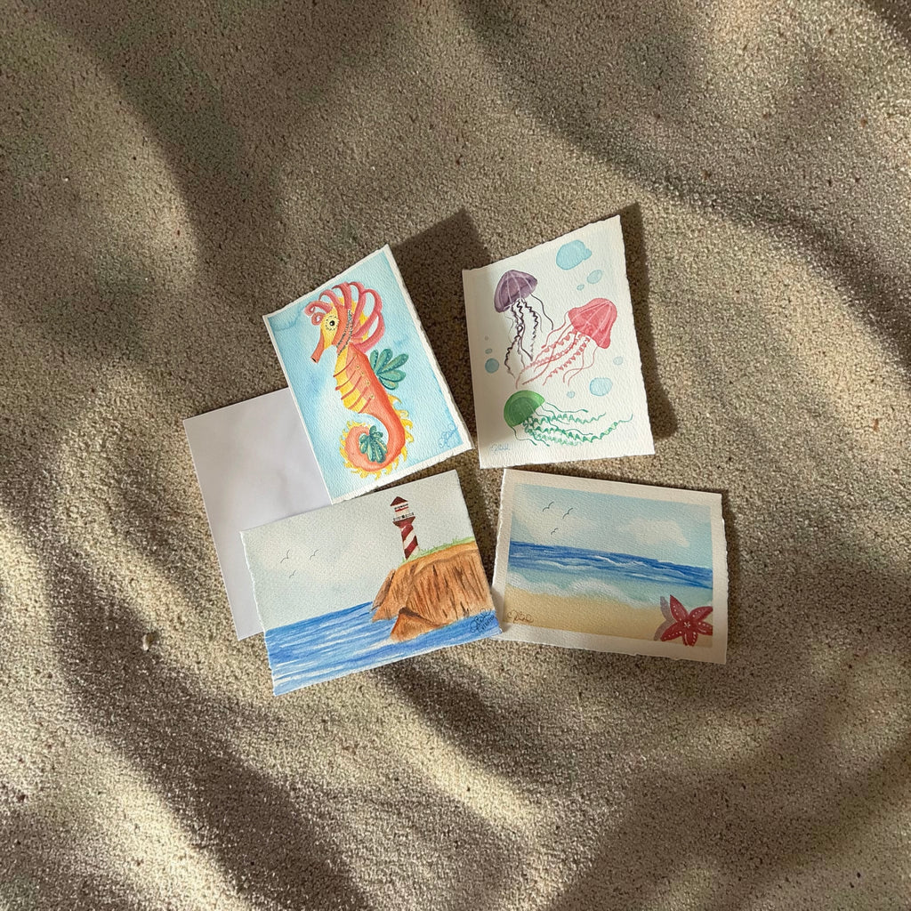 Hand-Painted Ocean Greeting Cards — Set of 4