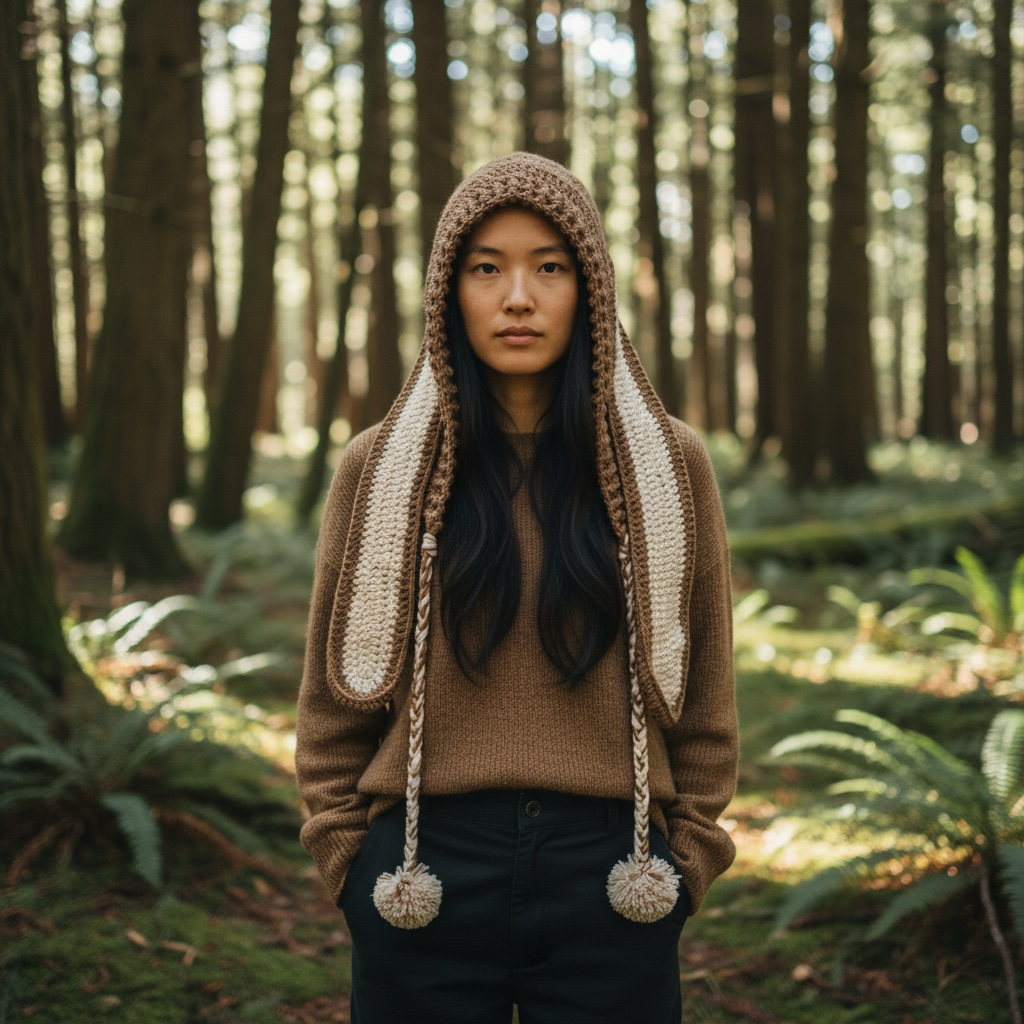 Woman wearing handmade crochet hood with bunny ears and pom- poms