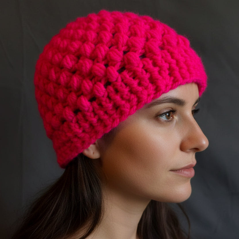 Hot pink crocheted beanie on a mannequin head against a dark background