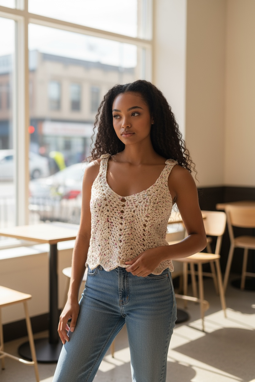 Crocheted Viva Button Strap Tank- confetti