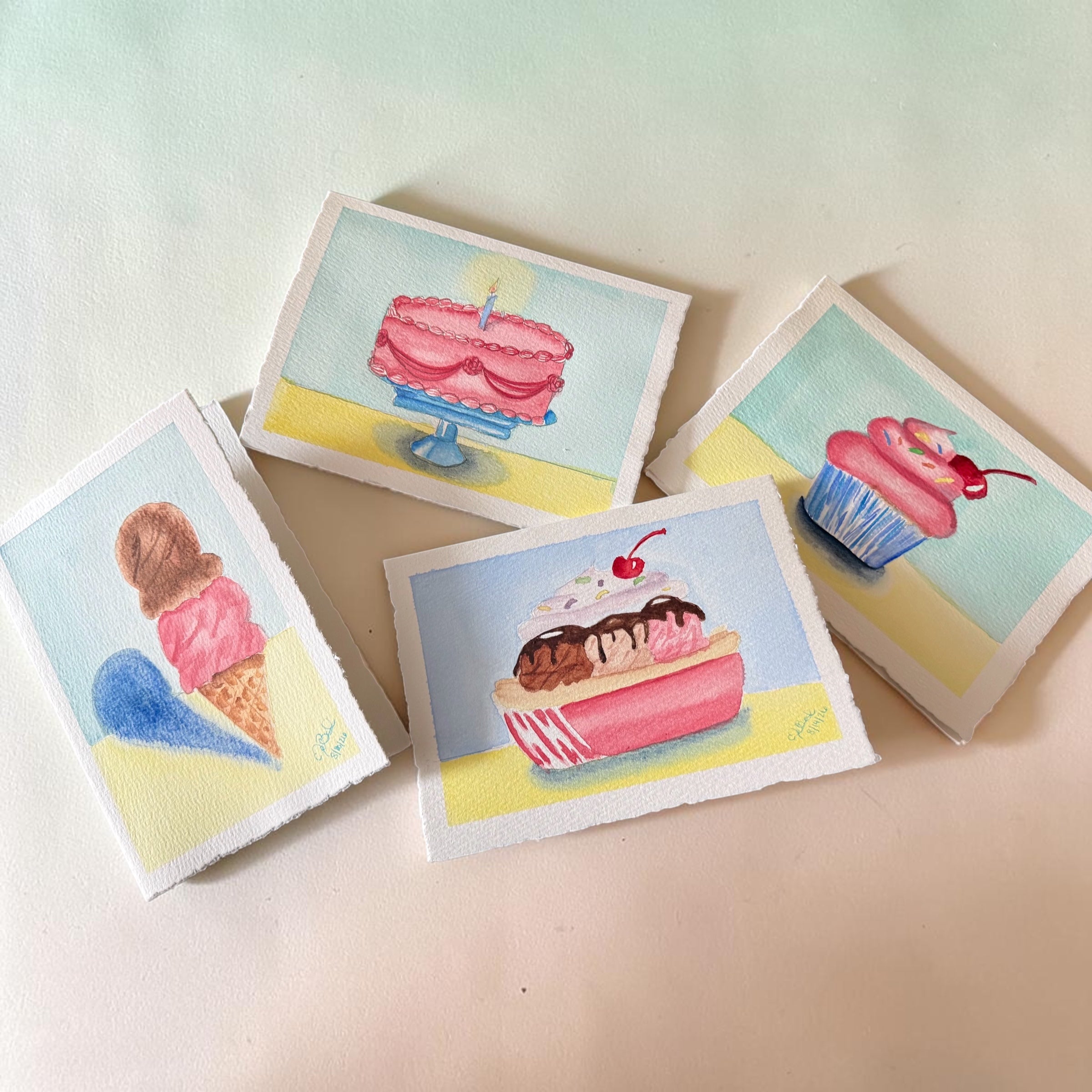 Hand-Painted Dessert Greeting Cards — Set of 4