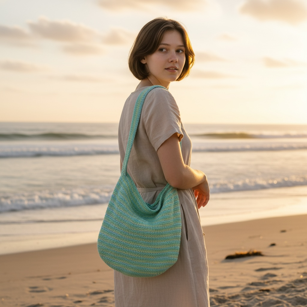 Handmade Crochet Shoulder Bag, Aqua Green Crossbody Bag, Coastal Summer Purse, Boho Market Bag, Everyday Slouch Bag