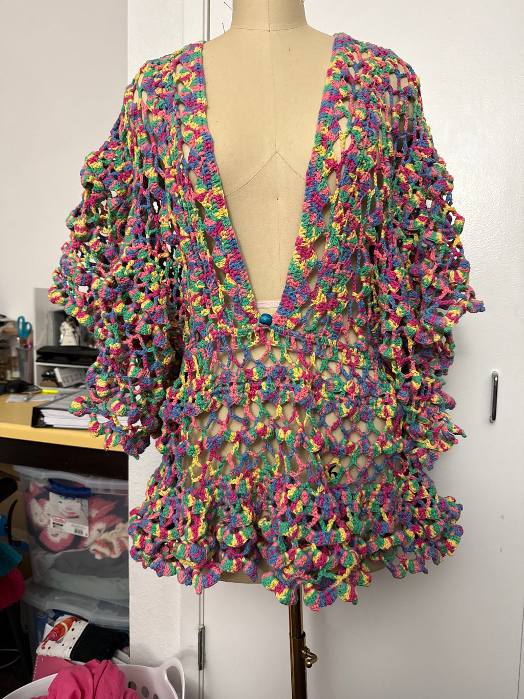 Multicolor Crochet Kimono, Boho Beach Cover Up, Bell Sleeve Fringe Hem Cardigan