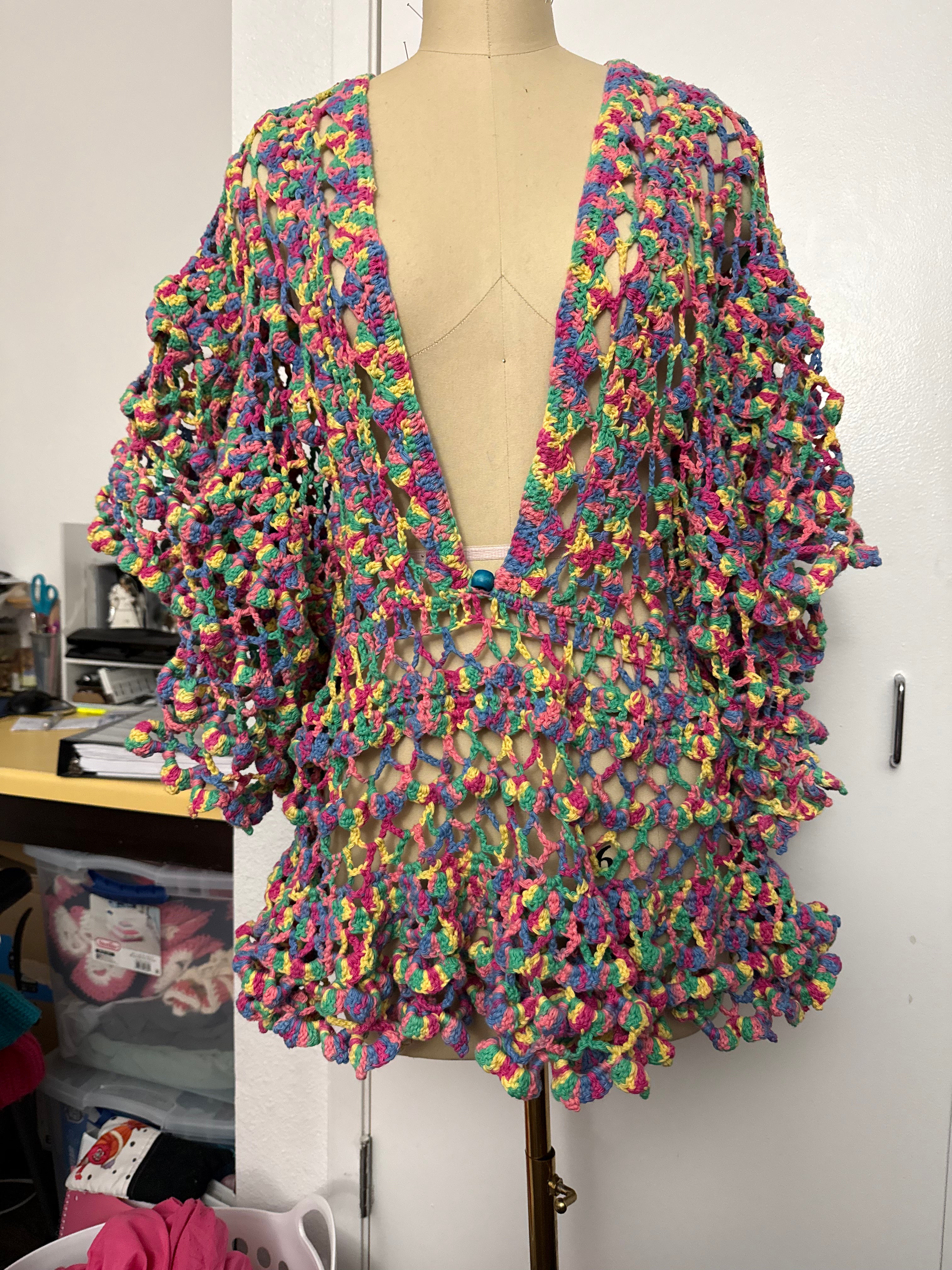 Multicolor Crochet Kimono, Boho Beach Cover Up, Bell Sleeve Fringe Hem Cardigan
