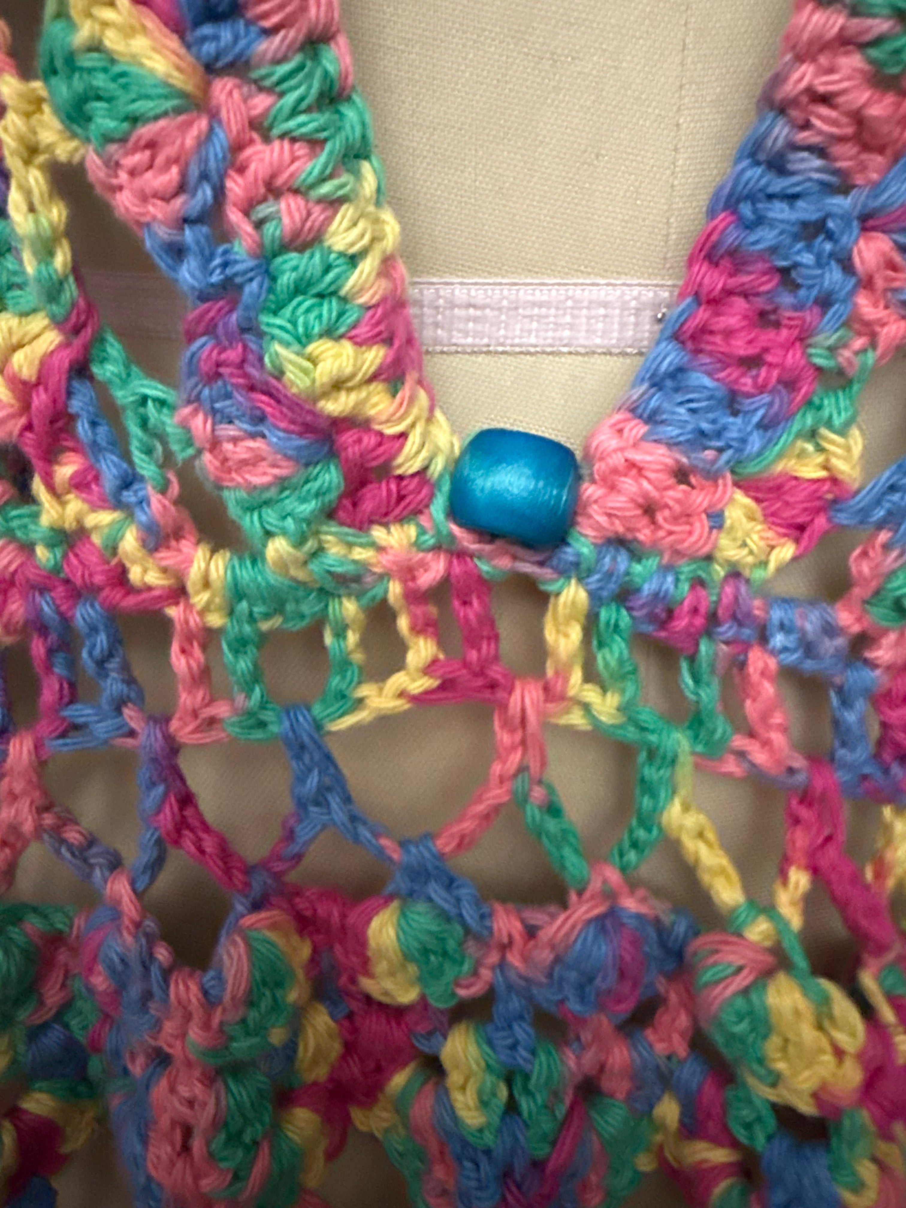 Multicolor Crochet Kimono, Boho Beach Cover Up, Bell Sleeve Fringe Hem Cardigan