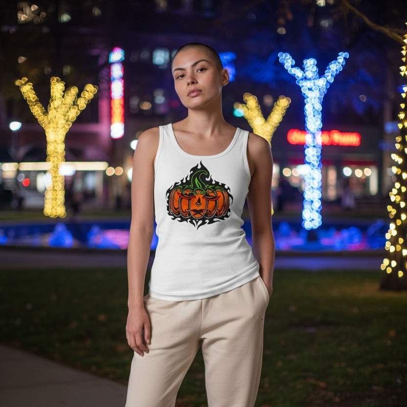 Person wearing a white tank top with a Jack o lantern graphic design in an outdoor setting with festive lights.