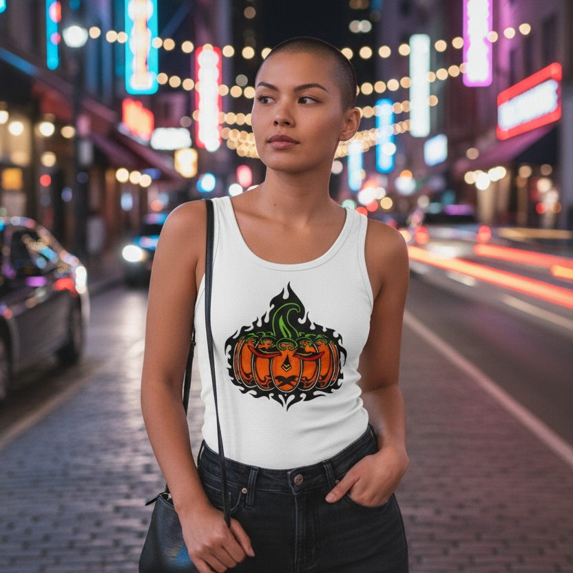 Woman wearing a white tank top with a graphic design on a city street at night.