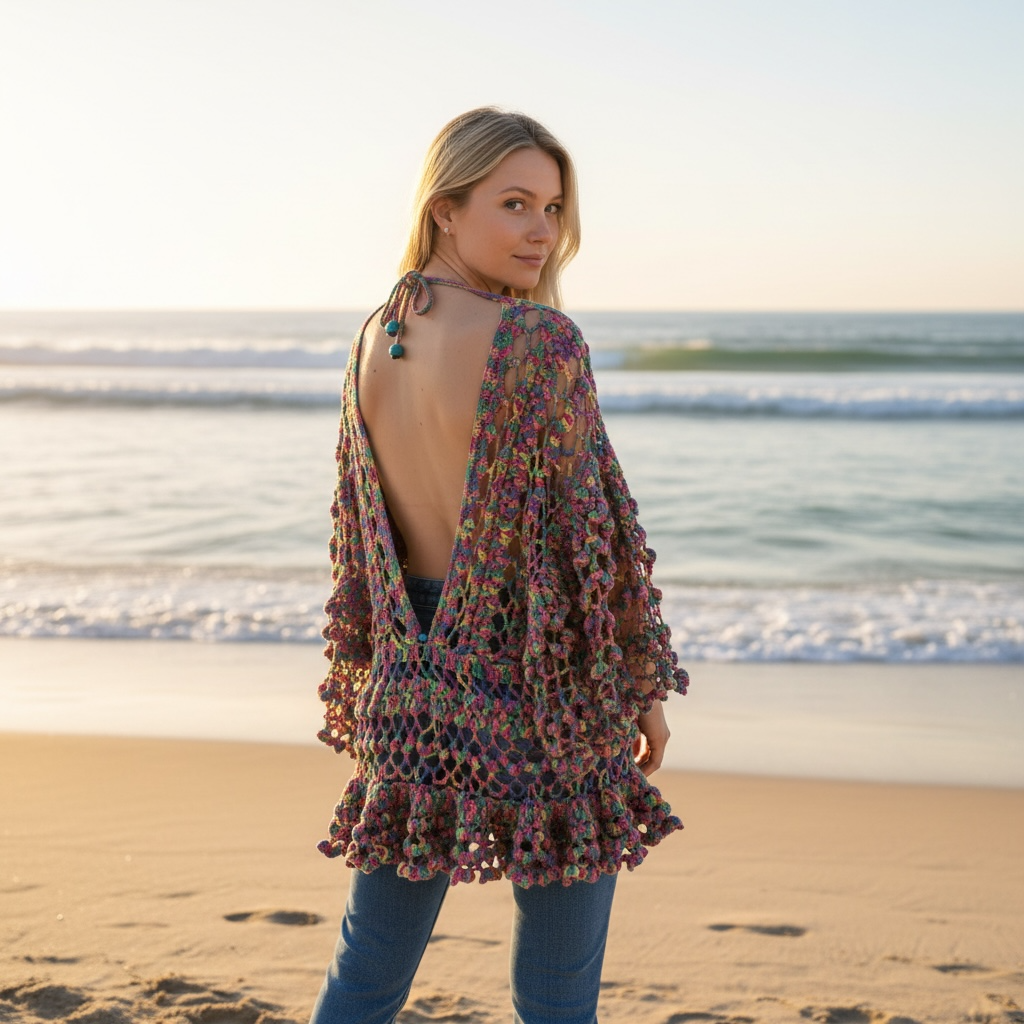 A woman stands on a sandy beach facing away from the camera, wearing a colorful open-knit crochet poncho-style top with a tie-neck and ruffled hem over blue jeans.