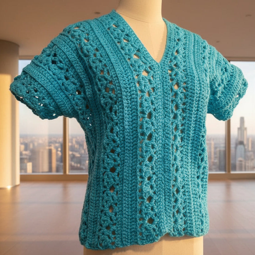 Turquoise crochet top on a mannequin with a cityscape background
