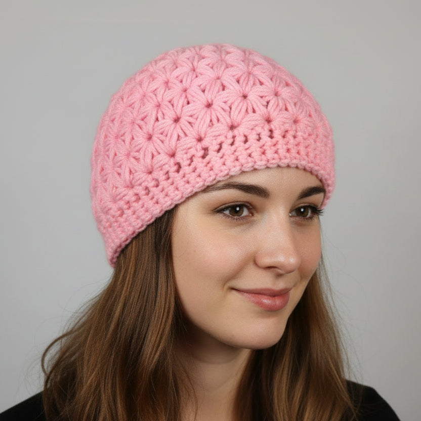 Woman wearing a pink crocheted Jasmine Stitch beanie against a gray background