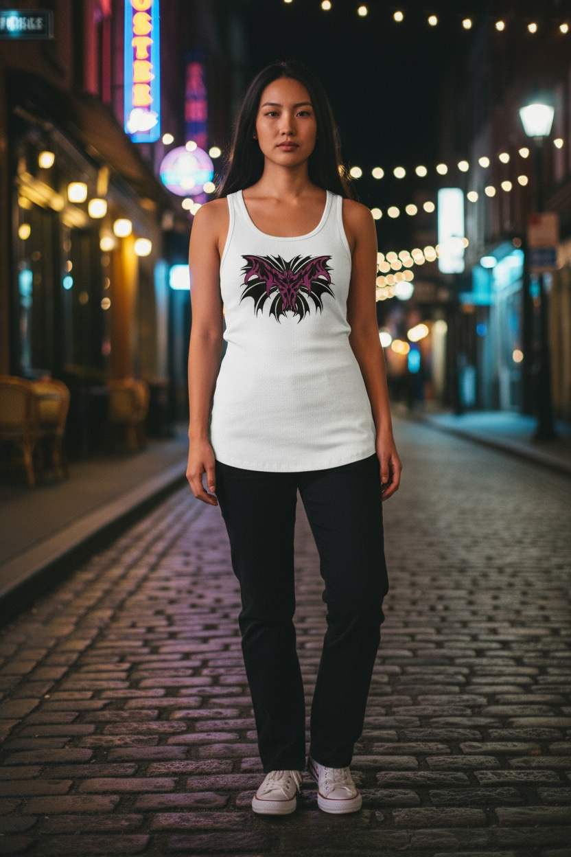 Person wearing a white tank top with purple and black tribal bat graphic design on a street at night.
