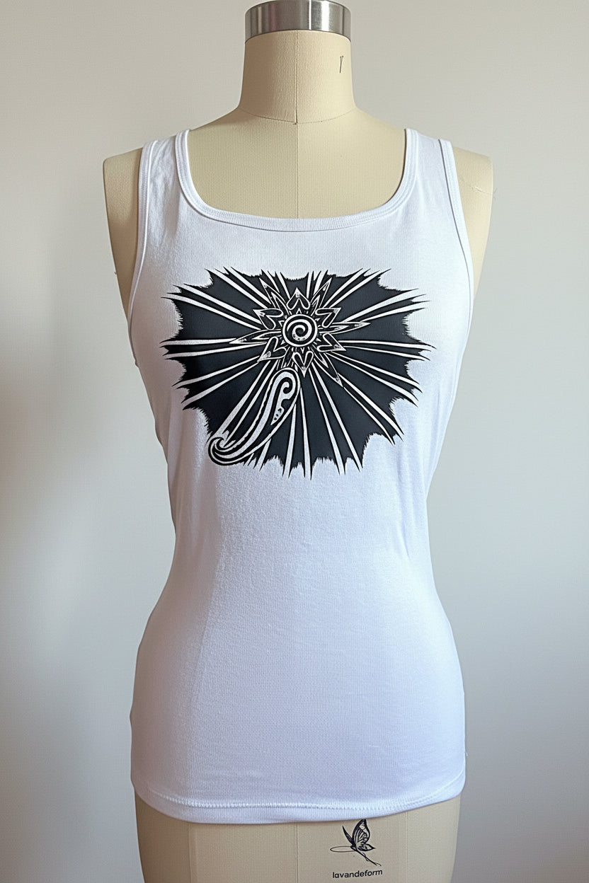 White tank top with black semi colon graphic design on a mannequin against a gray background