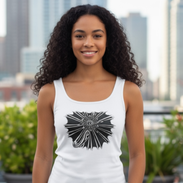 Woman wearing a white tank top with a black semi colon design, standing in an urban setting with plants and buildings in the background.