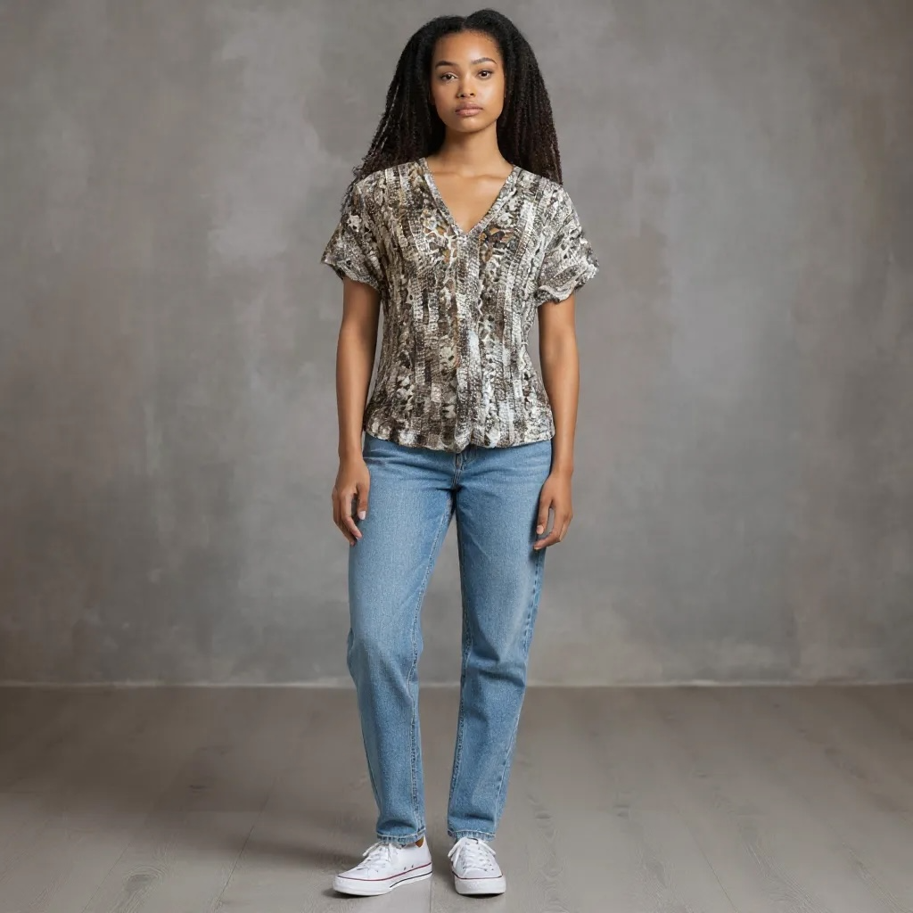 Woman wearing a patterned crochet top and blue jeans against a gray background