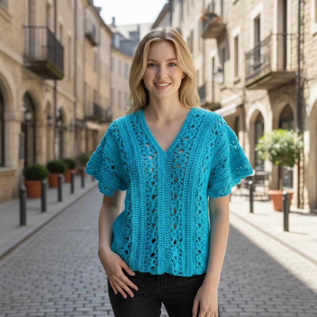 Woman wearing a blue crochet top standing outdoors with buildings in the background